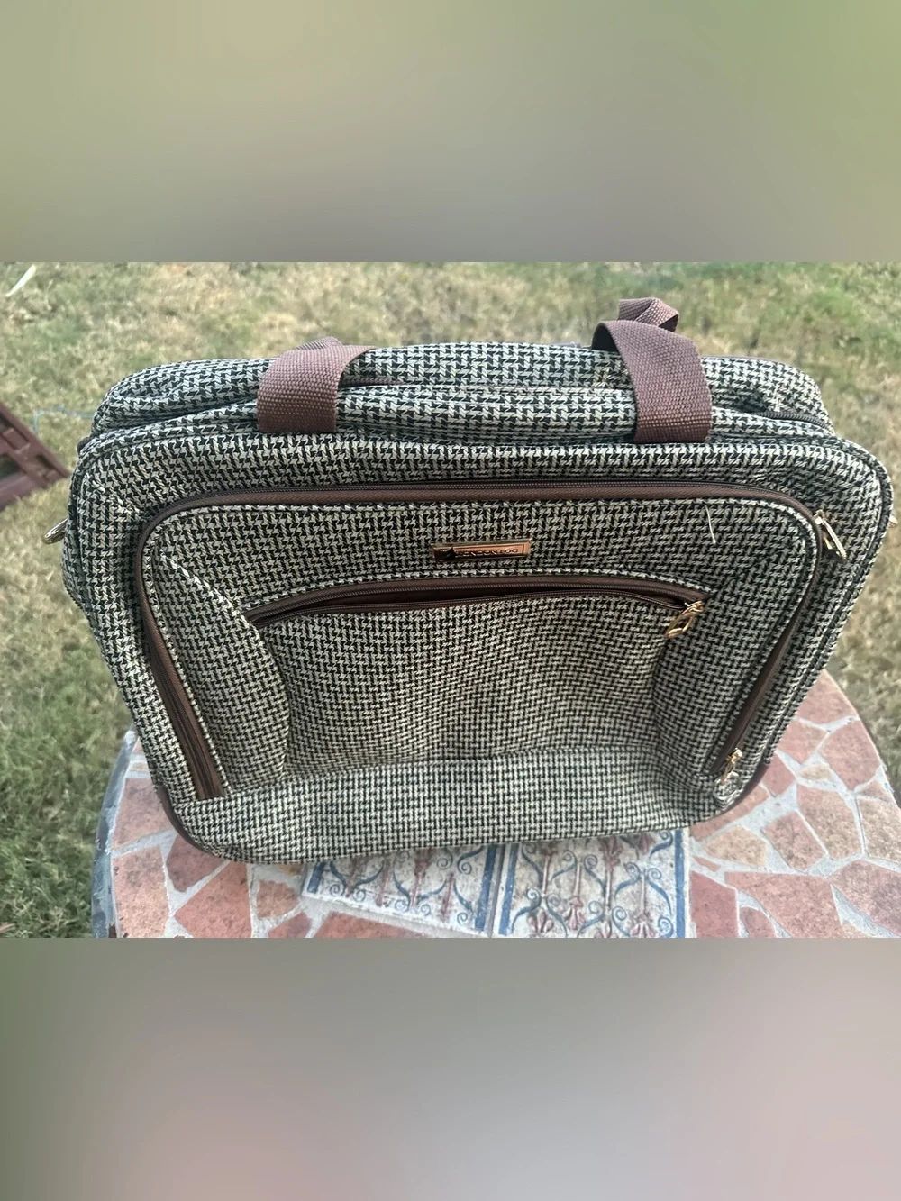 London Fog Vintage Houndstooth Rolling Briefcase Travel Tote Bag